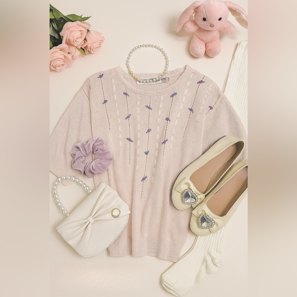 Vintage Western Connection Coquette Rose Cotton Blend Sweater Ribbons & Pearls